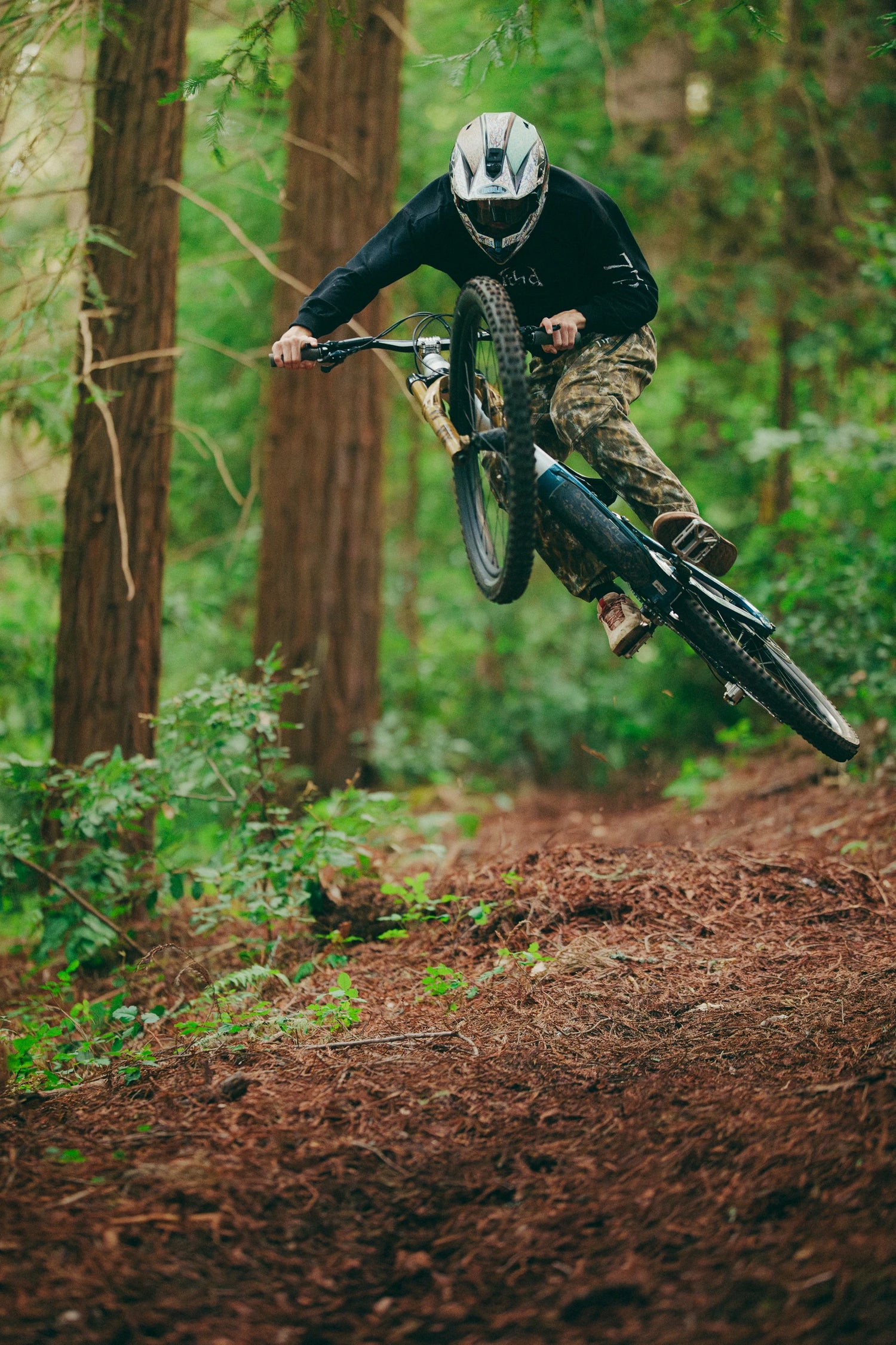 Person riding a mountain bike through a forest