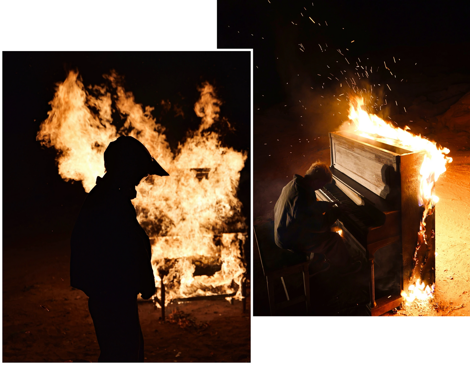 Person observing a burning piano with flames and smoke in the background
