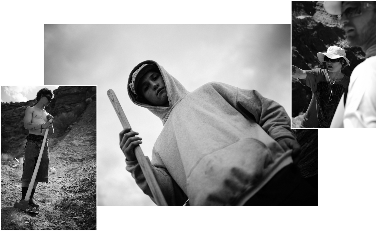 Collage of a person holding a tool in a field with additional images inset.