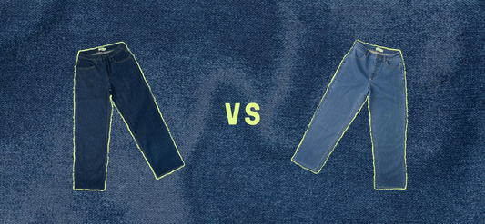 Two jeans on a blue background with "vs" in between them