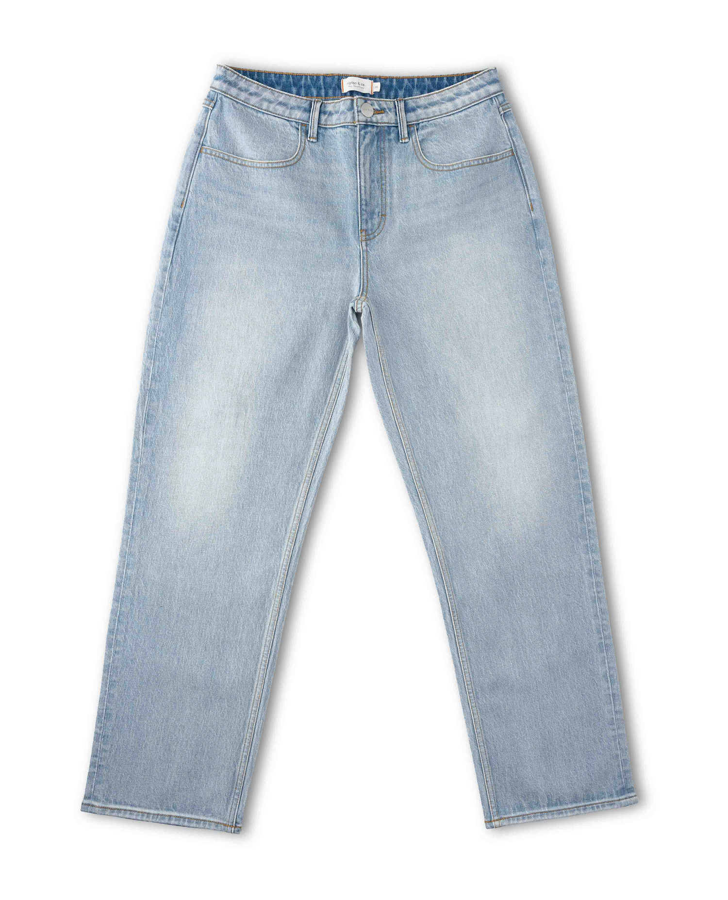 Light wash jeans front view on white background