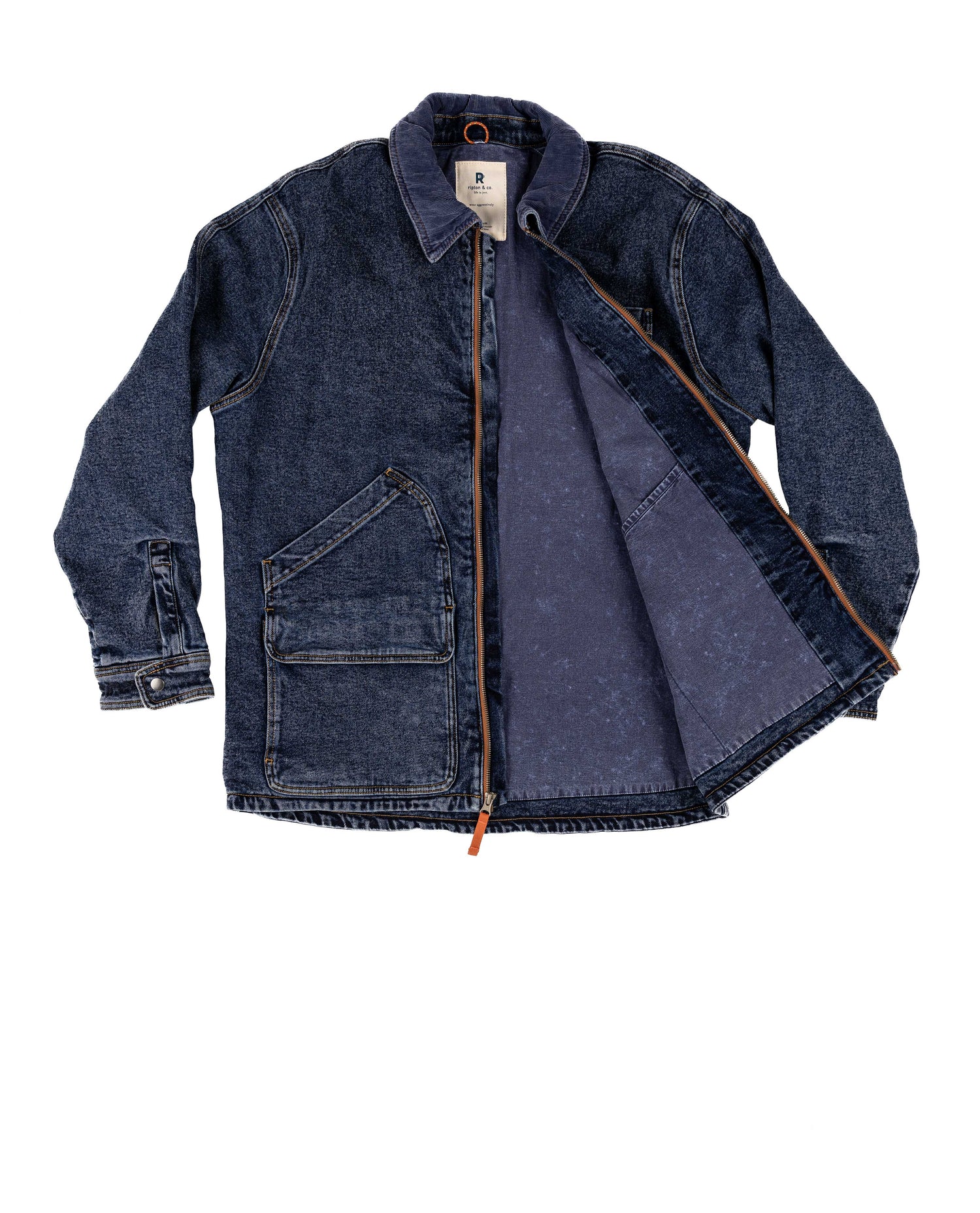 Blue denim jacket with a zipper on a white background Color:Dark