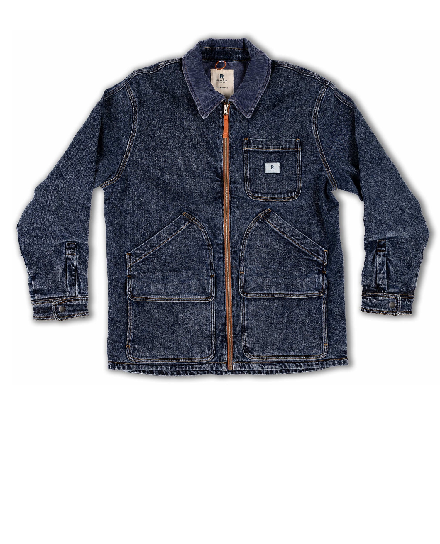 Blue denim jacket with multiple pockets on a white background Color:Dark