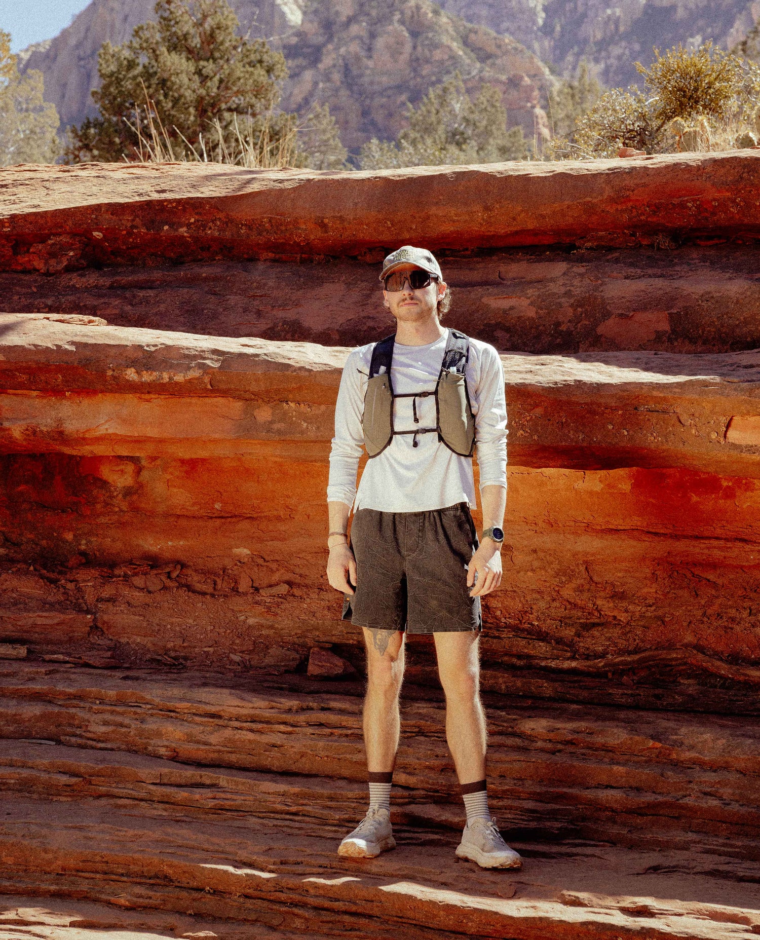 Person standing in front of layered rock formations with mountains in the background