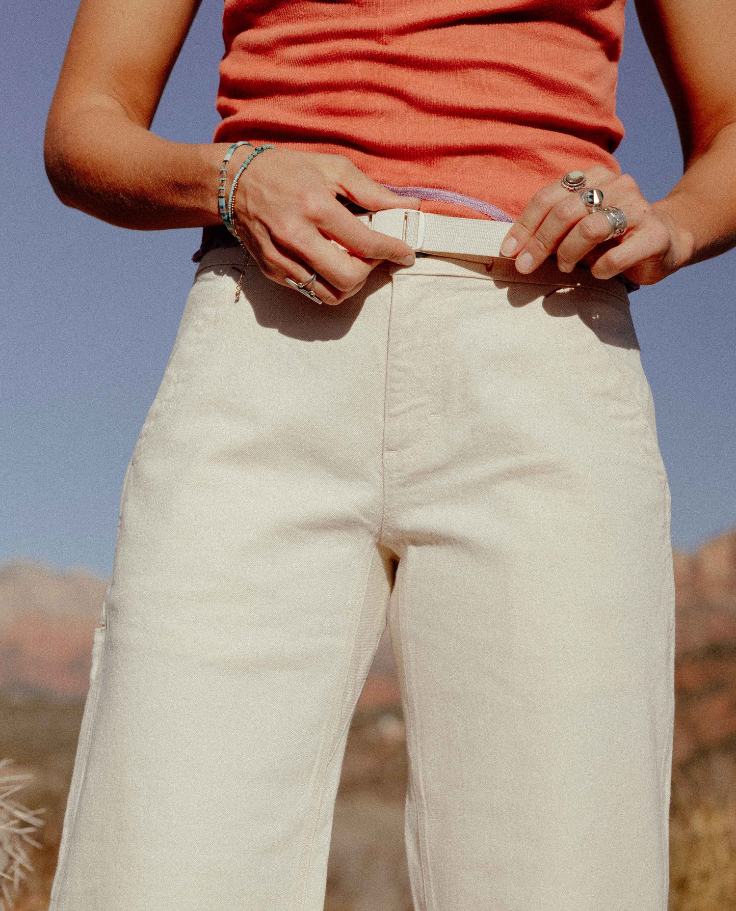 Person wearing a red shirt and beige pants with a desert landscape in the background