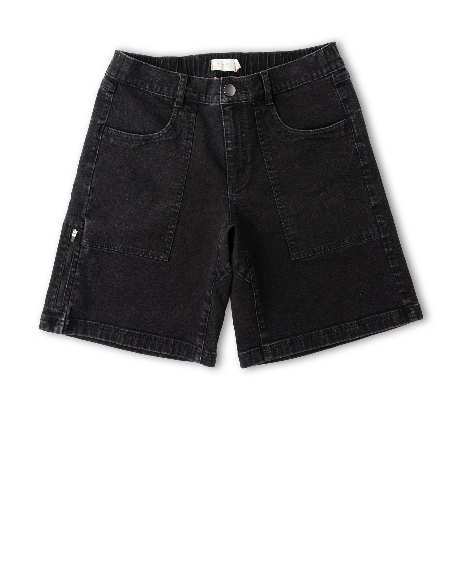 Black denim shorts on a white background