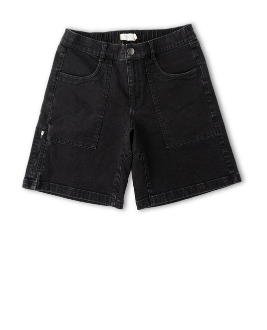 Black denim shorts on a white background
