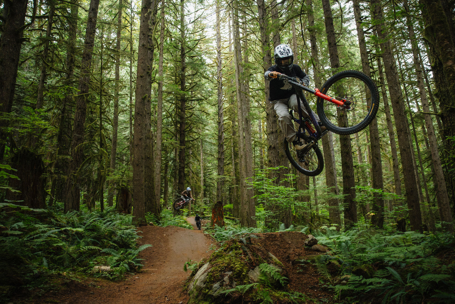 Person on a mountain bike performing a jump in a forest