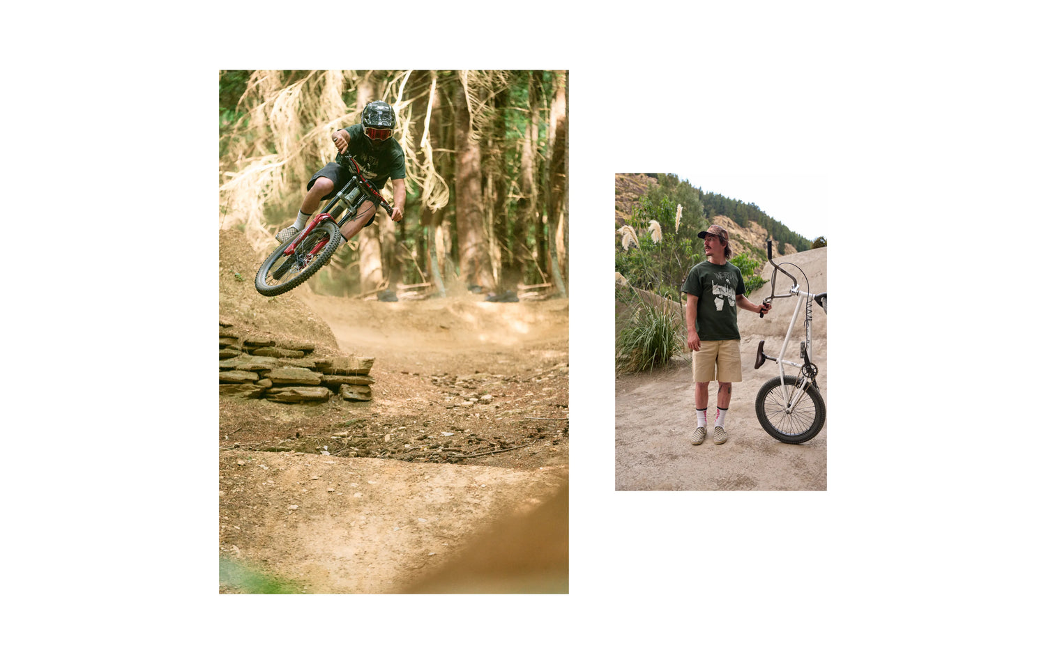 Two images: one of a person riding a bike on a trail and another of a person holding a unicycle.