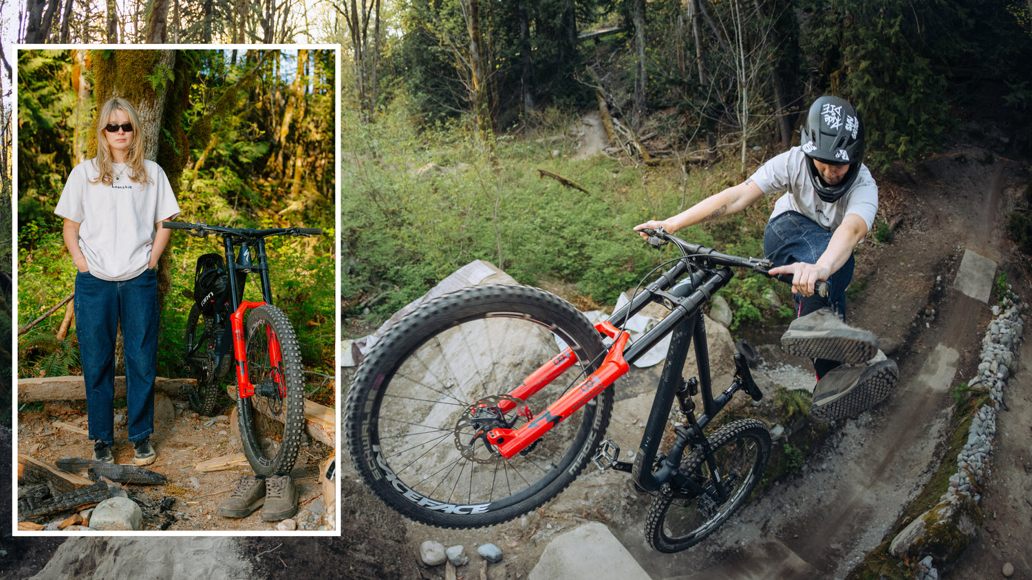 photo collage of a person riding a mountain bike