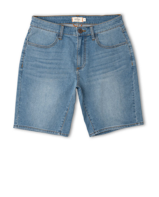 Blue denim shorts on a white background