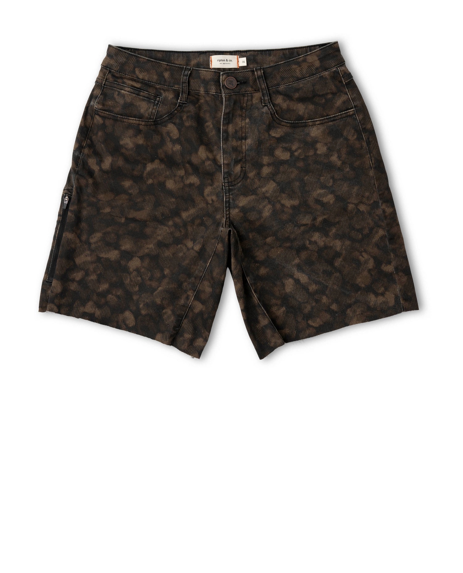 Dark patterned shorts on a white background