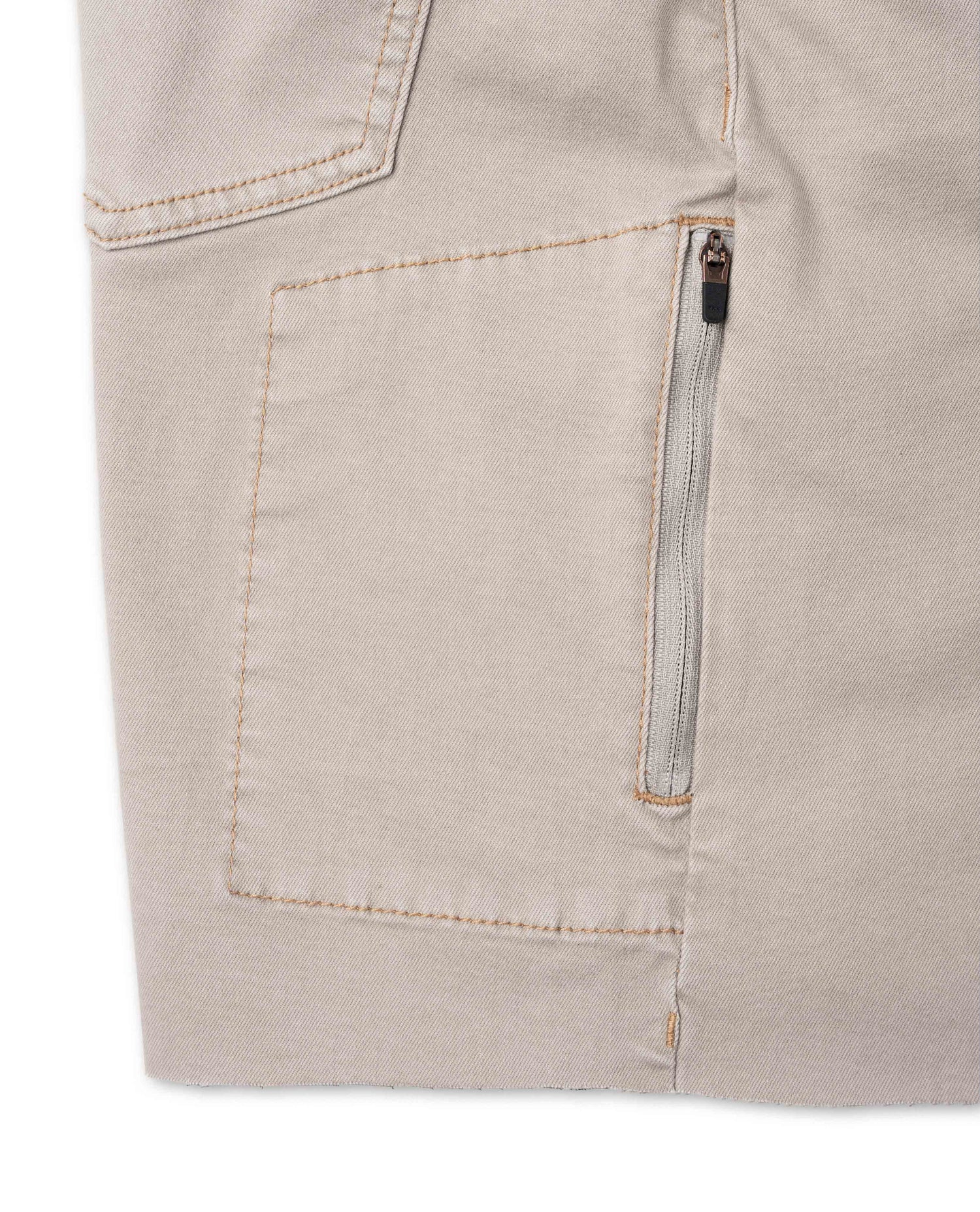 Close-up of beige pants with a zipper pocket on a white background