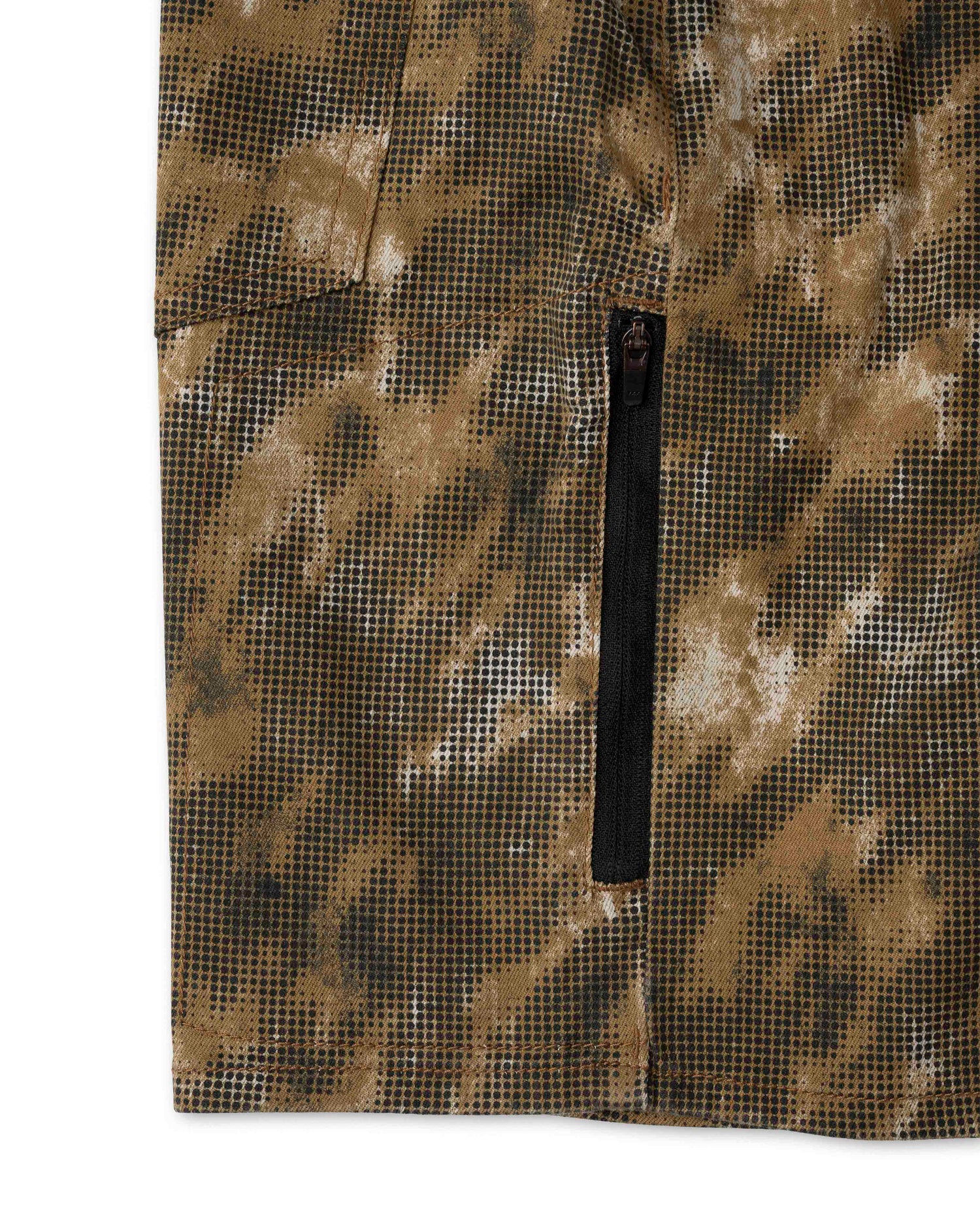 Camouflage-patterned fabric with a zipper on a white background