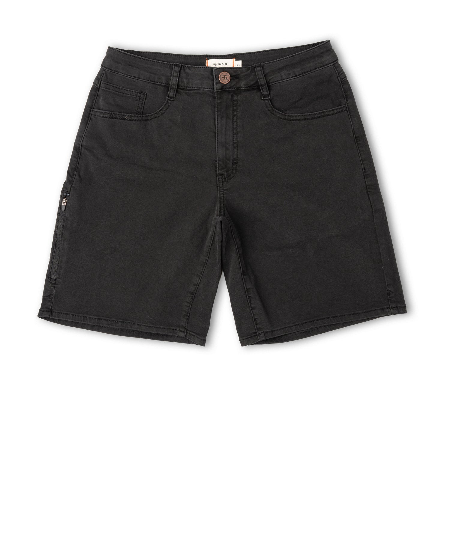 Front of black shorts on white background.