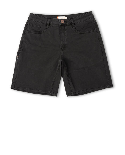 Front of black shorts on white background.