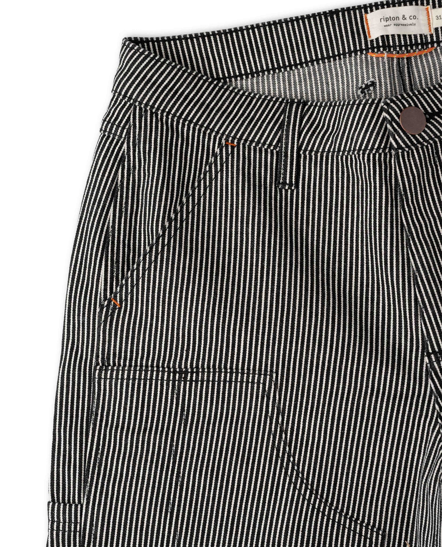 Black and white striped pant, pocket view, on white background.