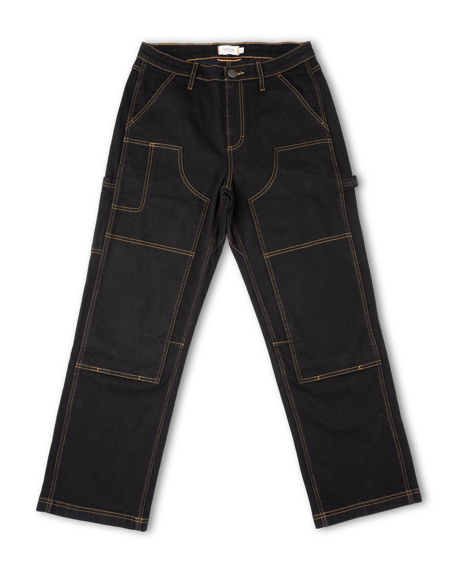 Black with yellow stitching pant, front view, on white background.