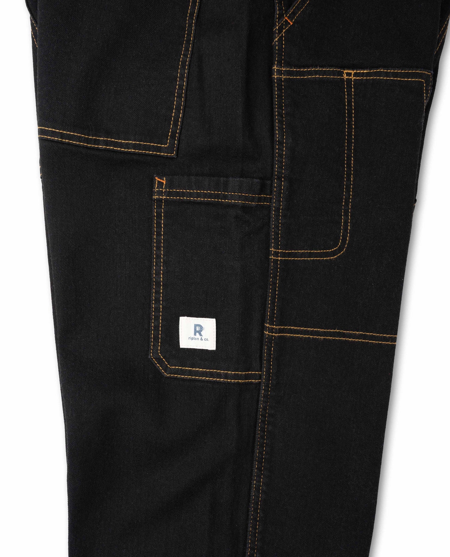Black with yellow stitching pant, pocket view, on white background.