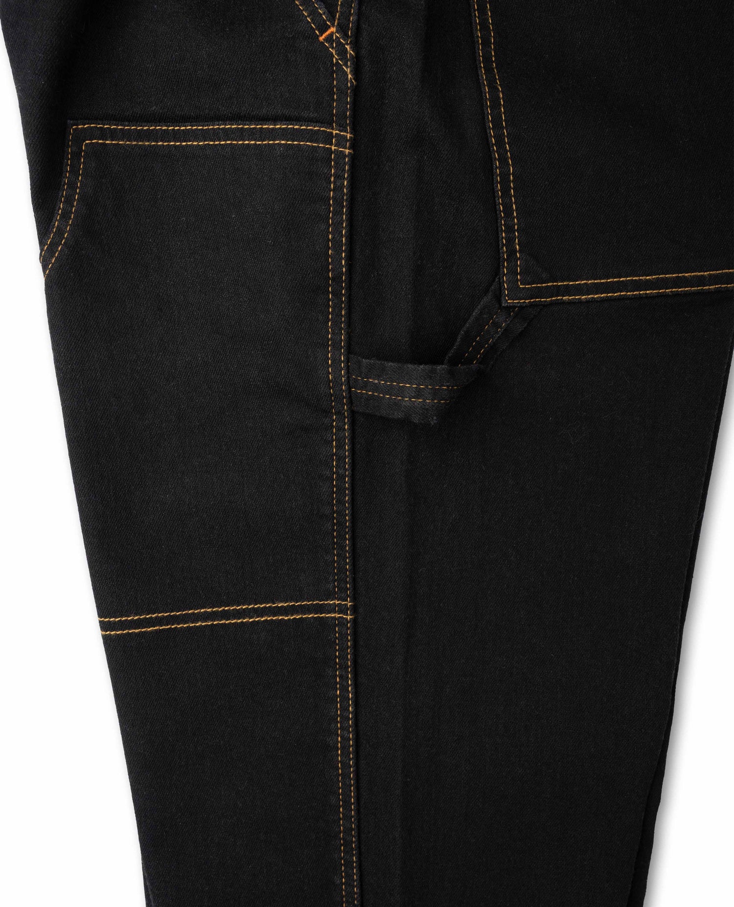 Black with yellow stitching pant, hammer loop view, on white background.