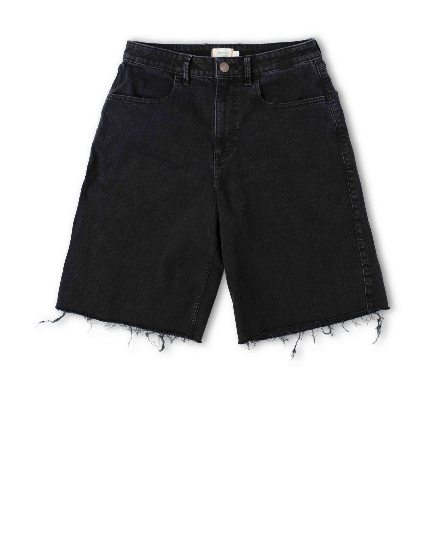 Black denim shorts with frayed hems on a white background