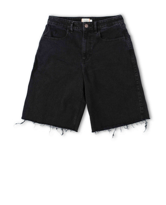Black denim shorts with frayed hems on a white background