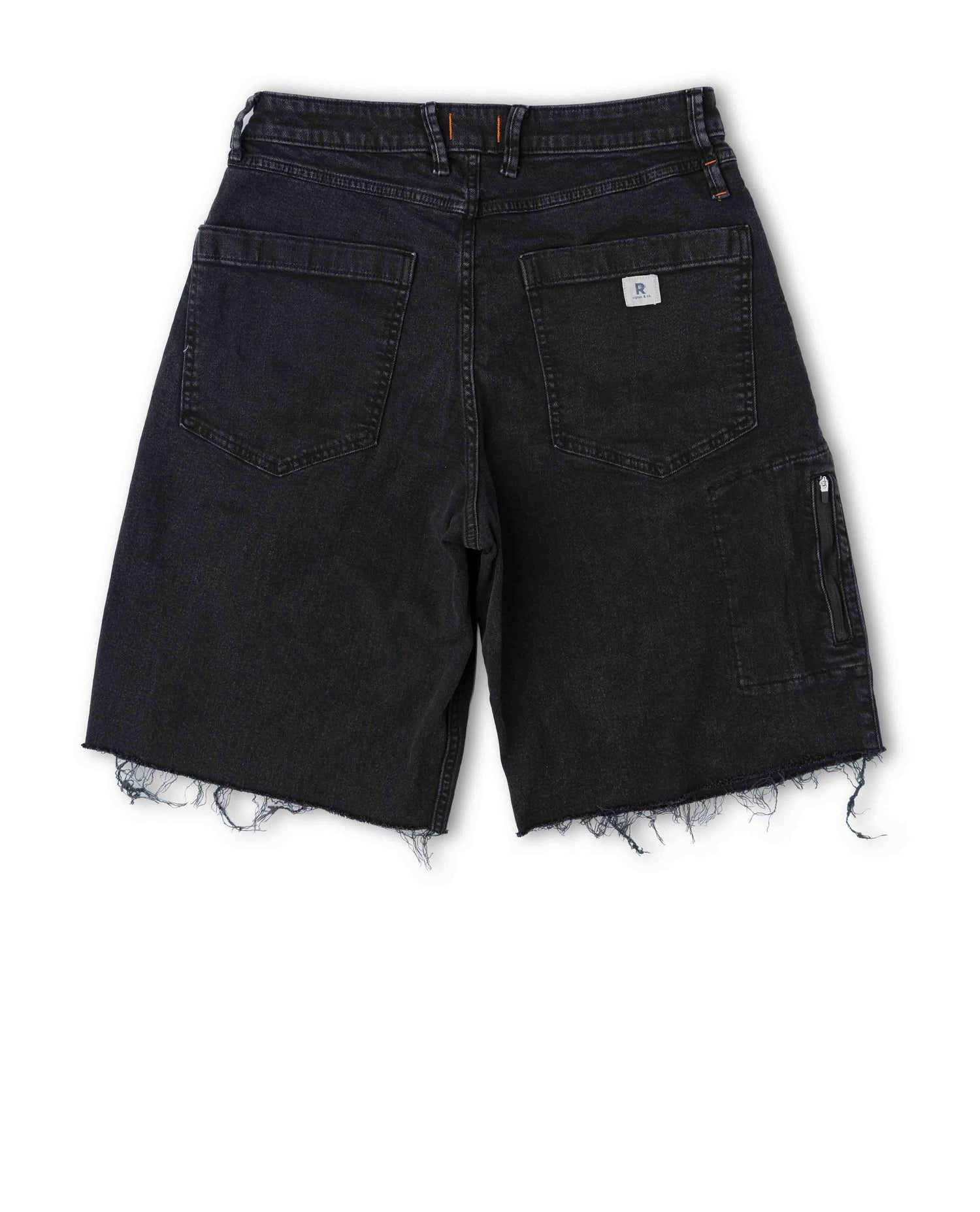 Black denim shorts with frayed edges on a white background