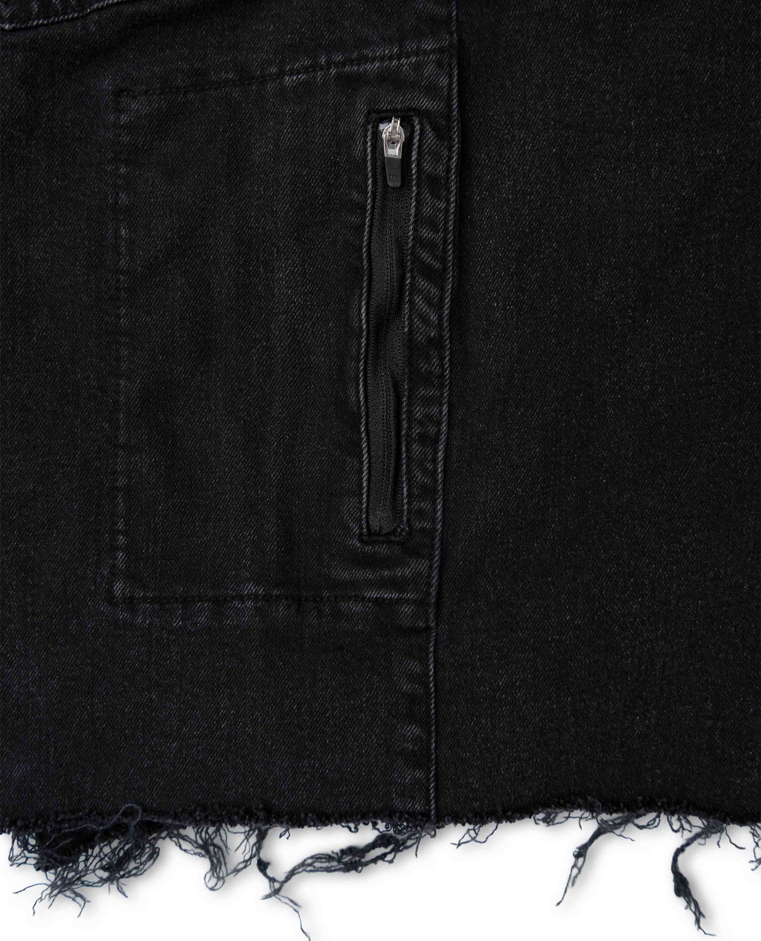 Close-up of a black denim jacket with a zipper pocket on a white background