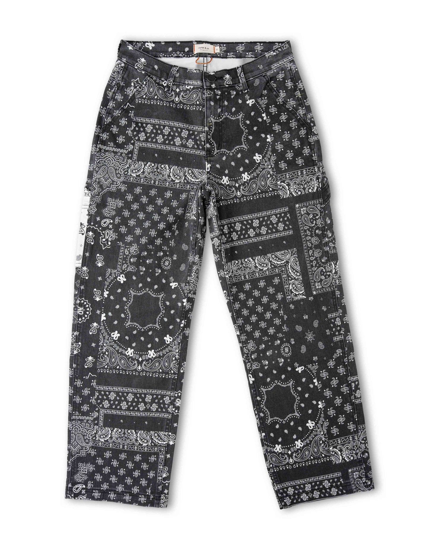 Black and white bandana print pant, front view, on a white background.