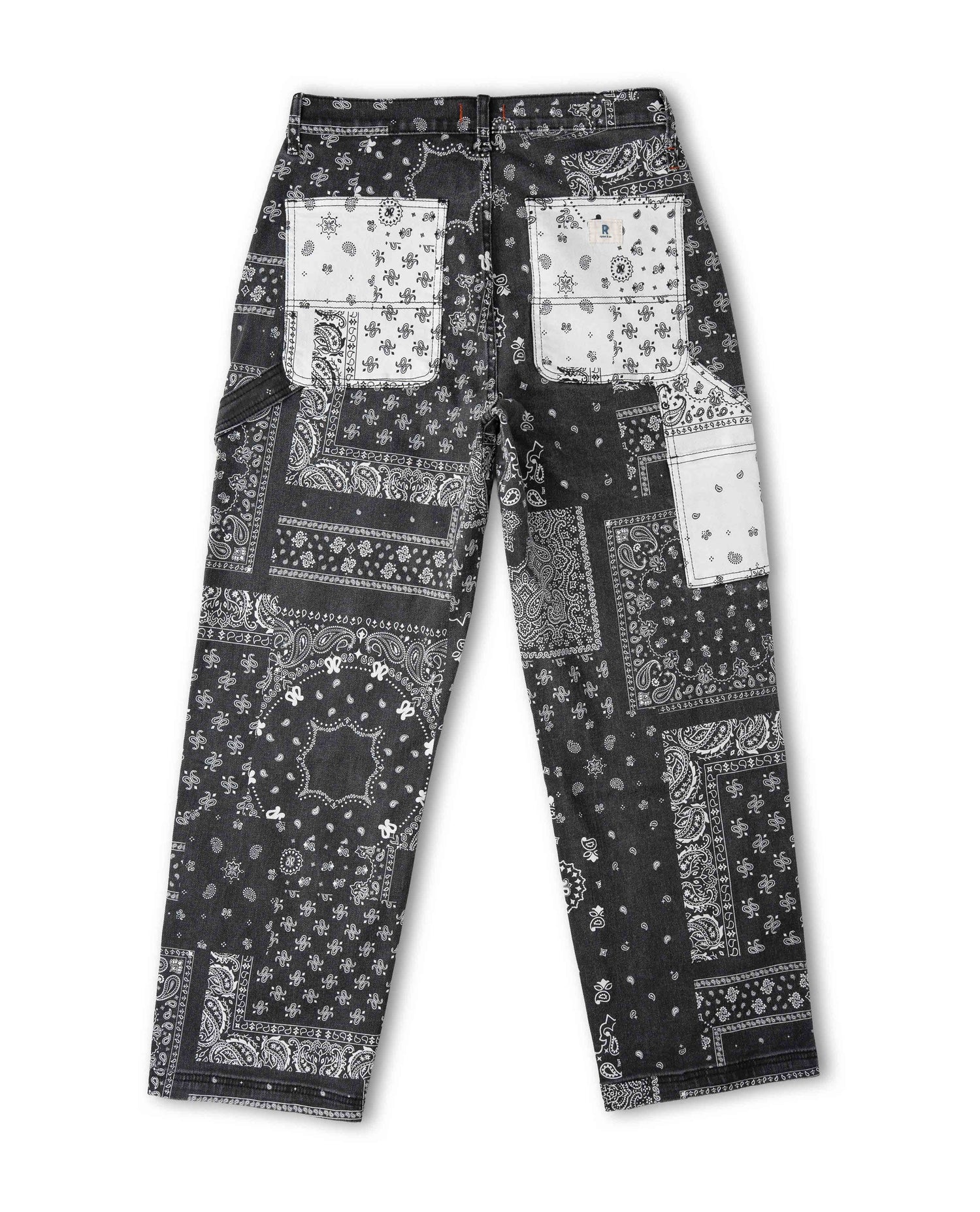 Black and white bandana print pant, back view, on a white background.