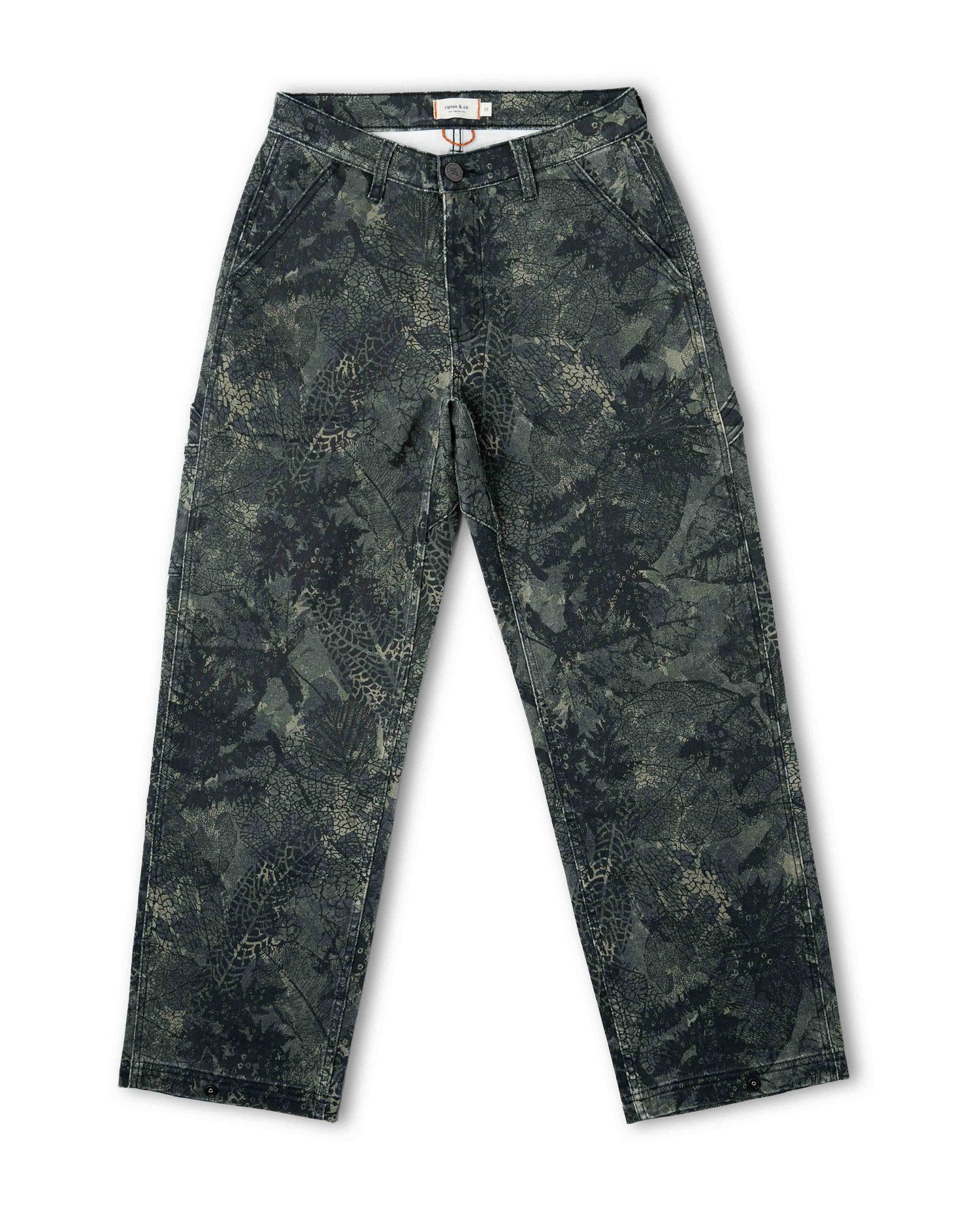 Front of a camouflage leaf patterned pant on a white background.