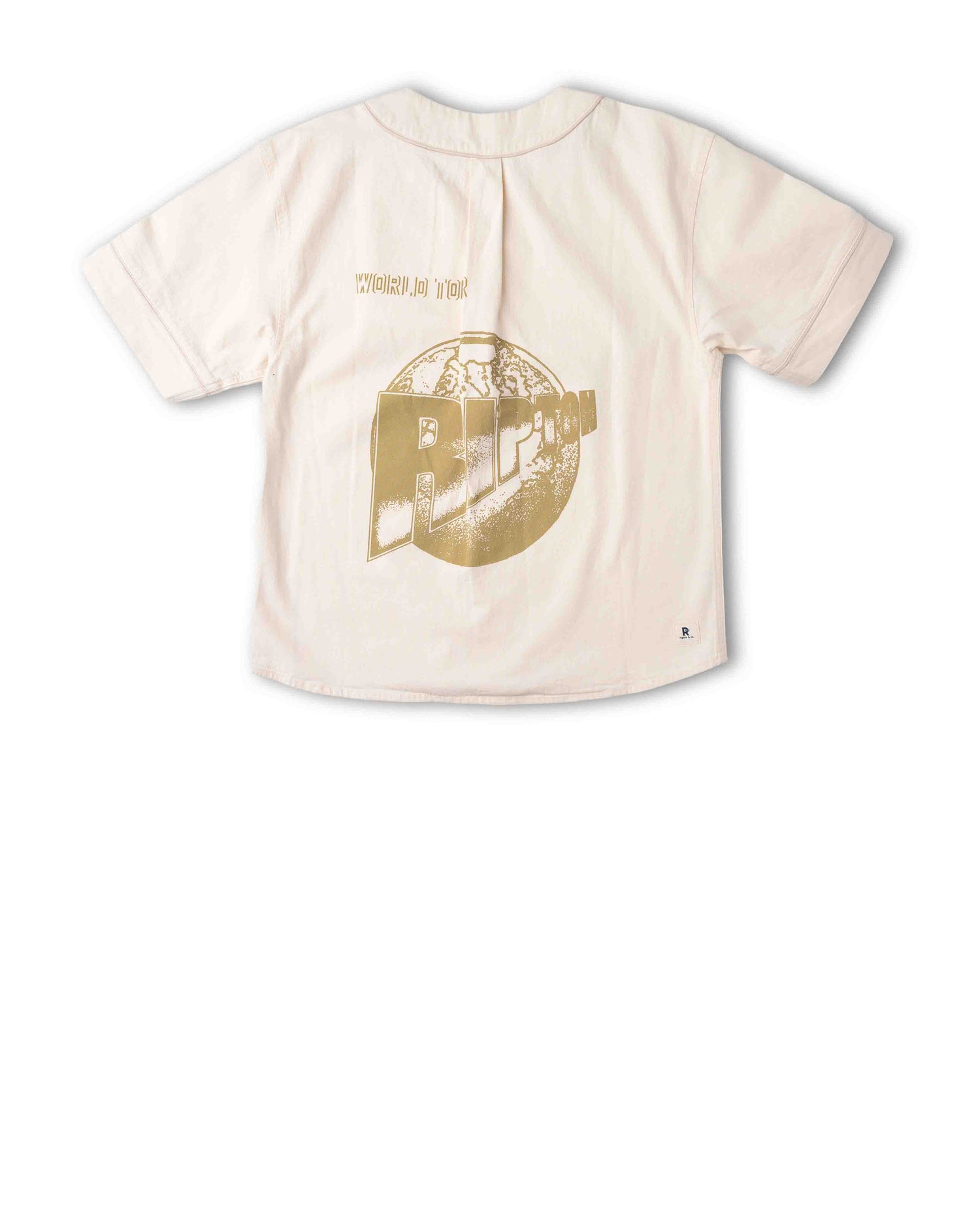 A cream-colored short-sleeve t-shirt shown from the back, featuring a large gold graphic of a vintage cassette player and the text 'CARRING DANGERS' printed on the center.