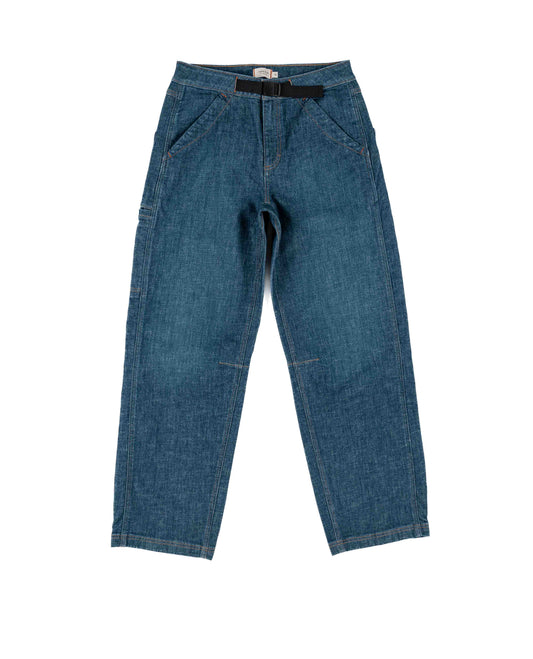 Blue jeans with a black belt on a white background