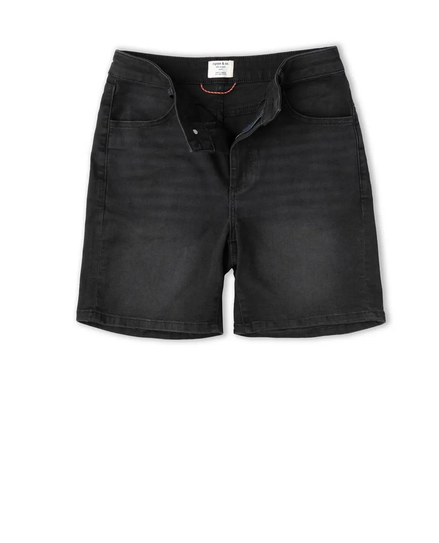 Black denim shorts on a white background