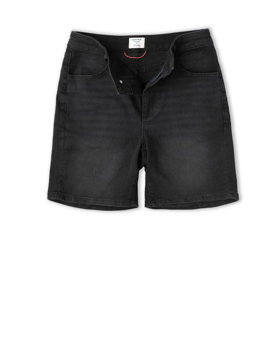 Black denim shorts on a white background