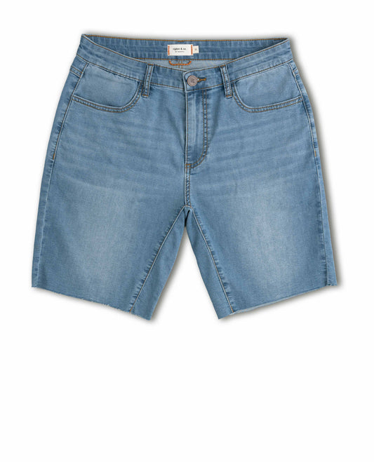 Blue denim shorts on a white background