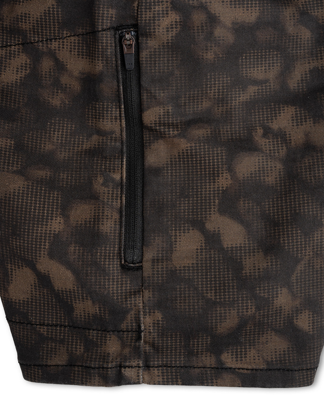 Close-up of a camouflage-patterned jacket with a zipper detail.