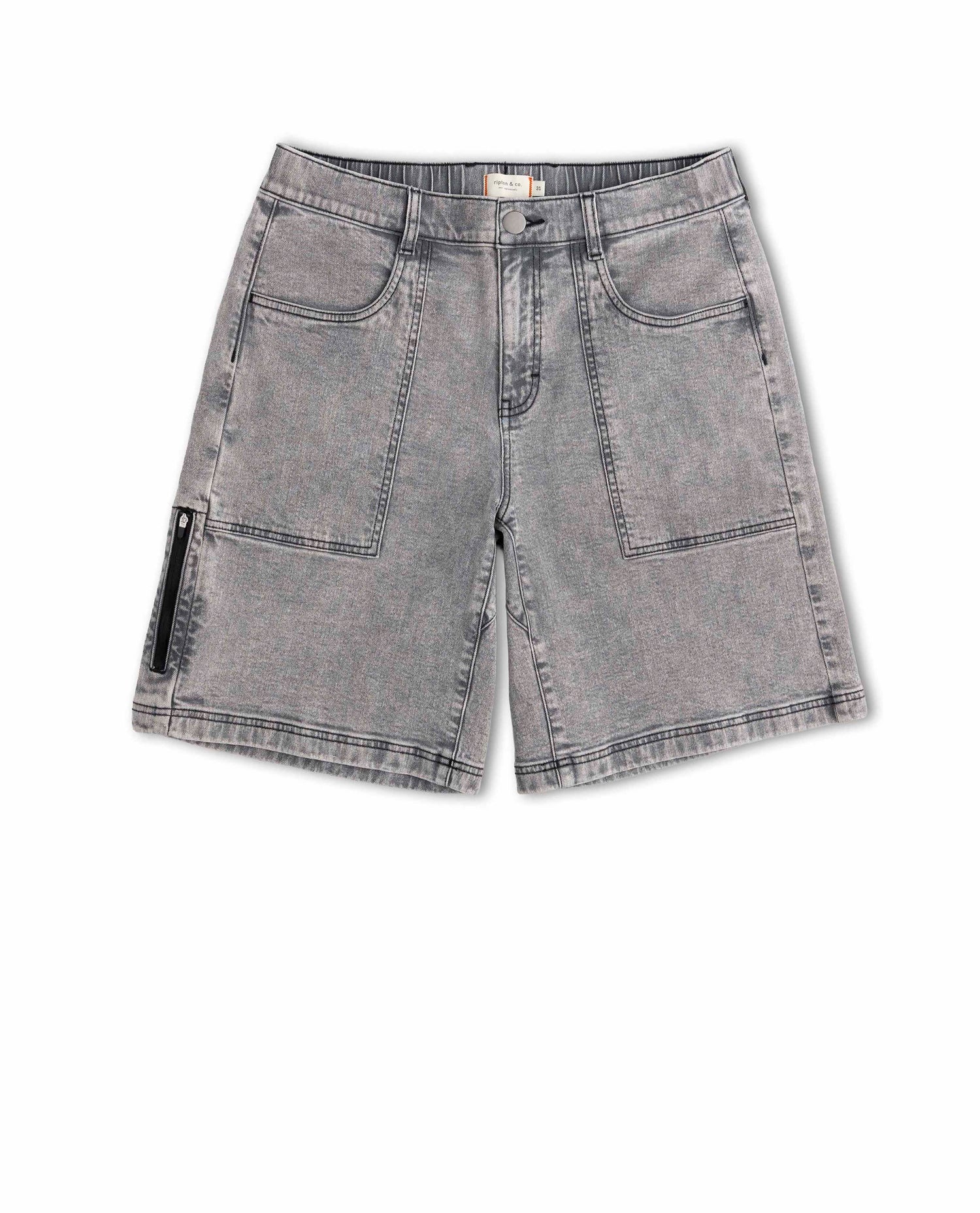 Gray denim shorts on a white background