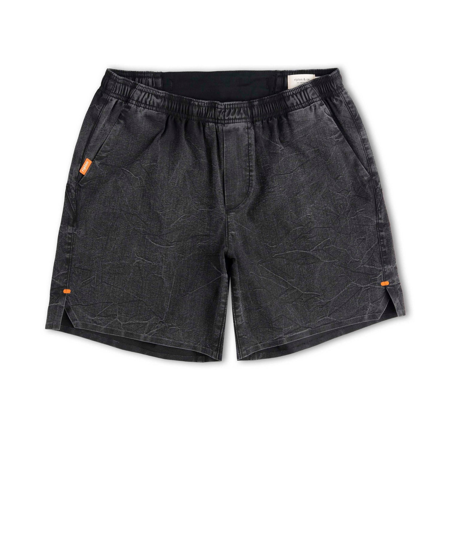 Black shorts with orange accents on a white background