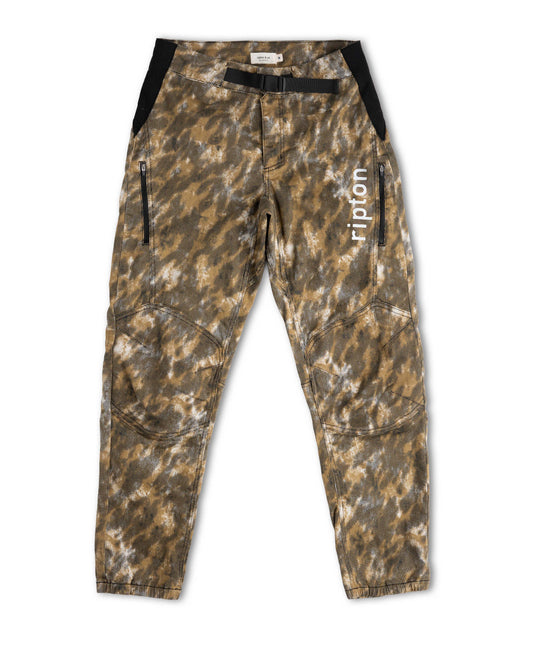 Camouflage pants with 'ripton' branding on a white background
