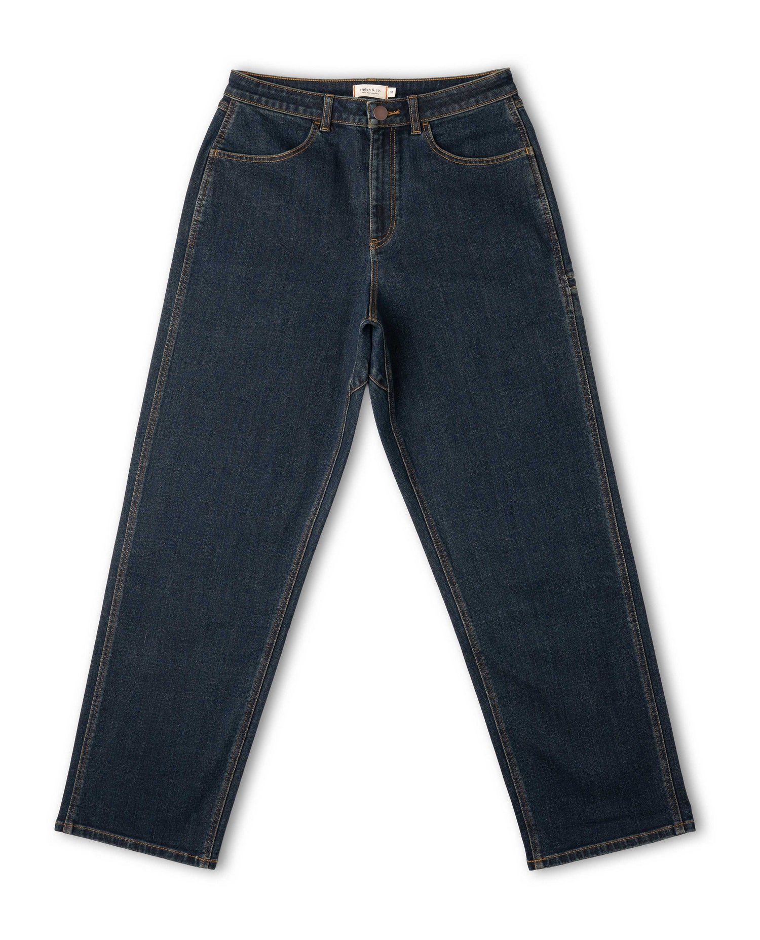 Pair of dark blue jeans on a white background