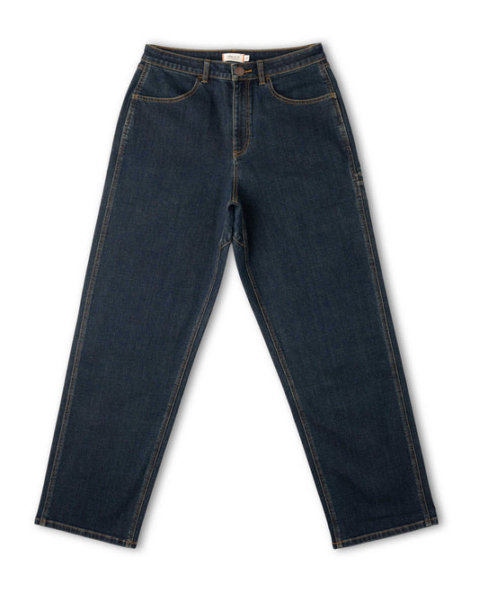 Pair of dark blue jeans on a white background