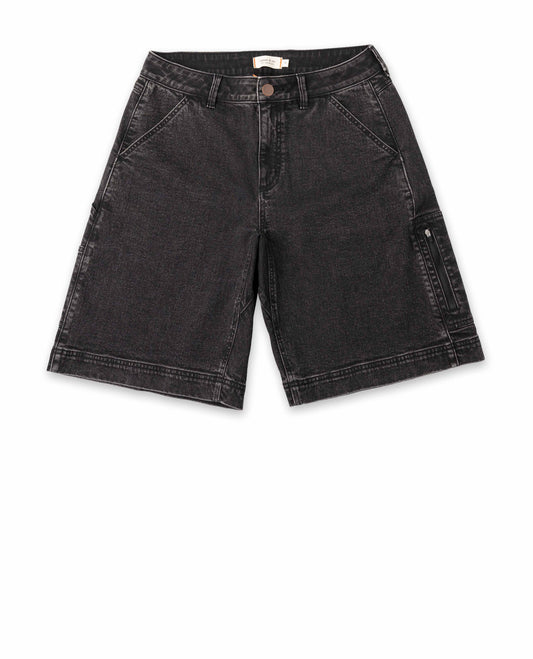 Black denim shorts on a white background