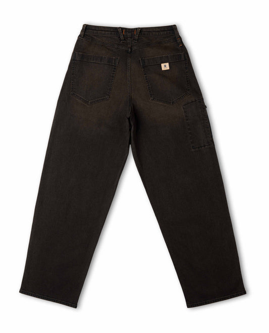 Dark brown pants with a brand logo on a white background