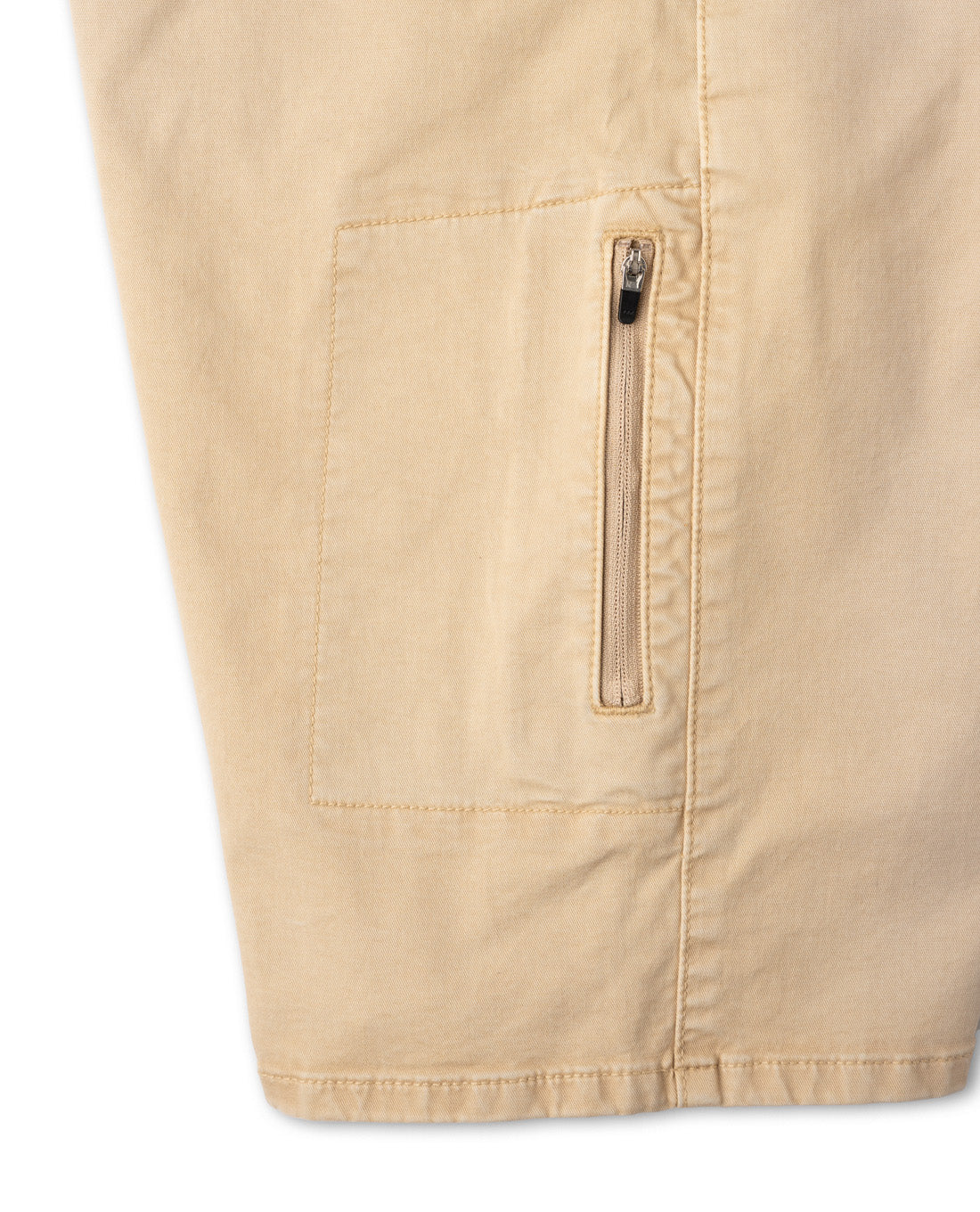 Beige shorts with a zipper pocket on a white background