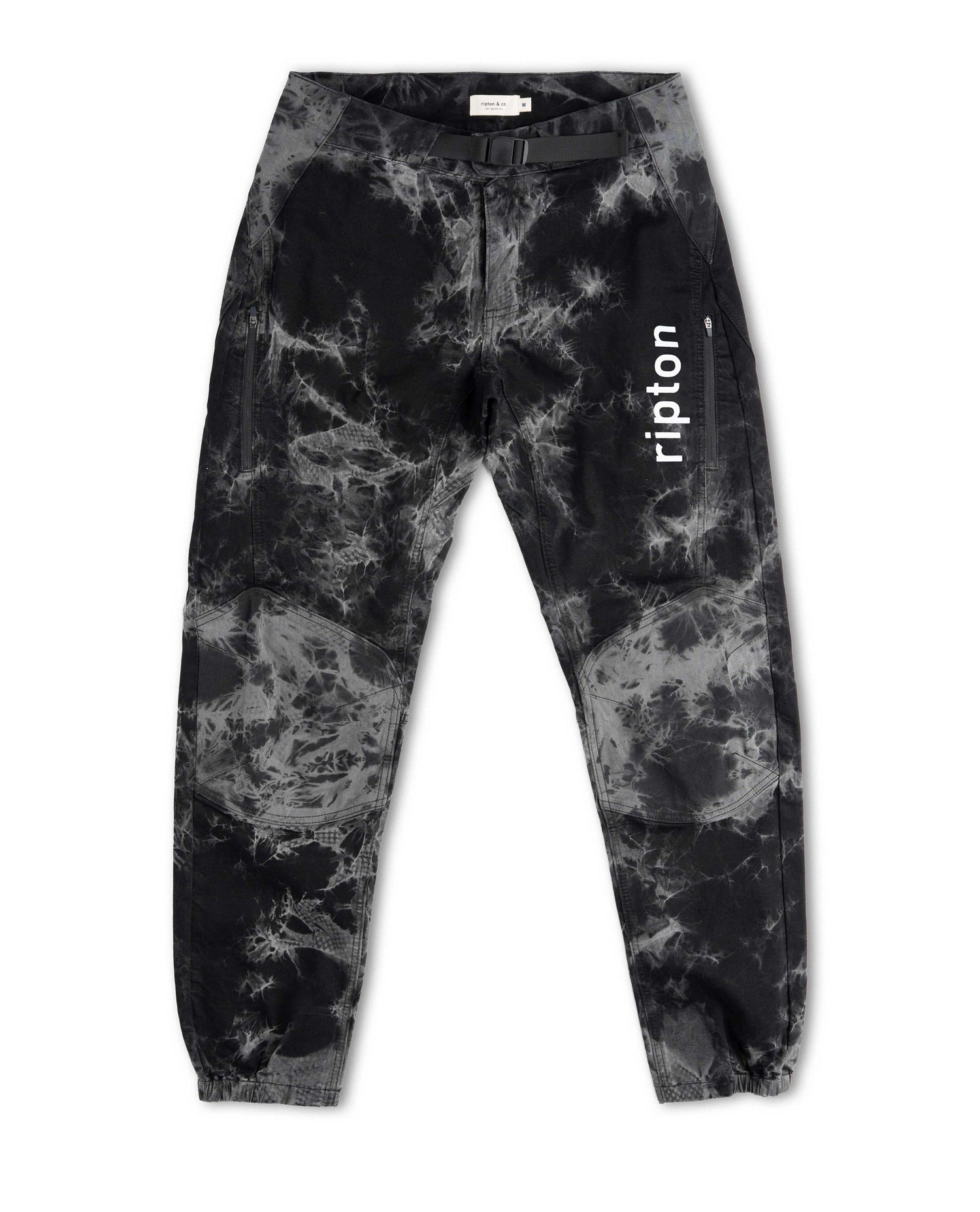 Black and gray tie-dye pants with 'ripton' branding on a white background