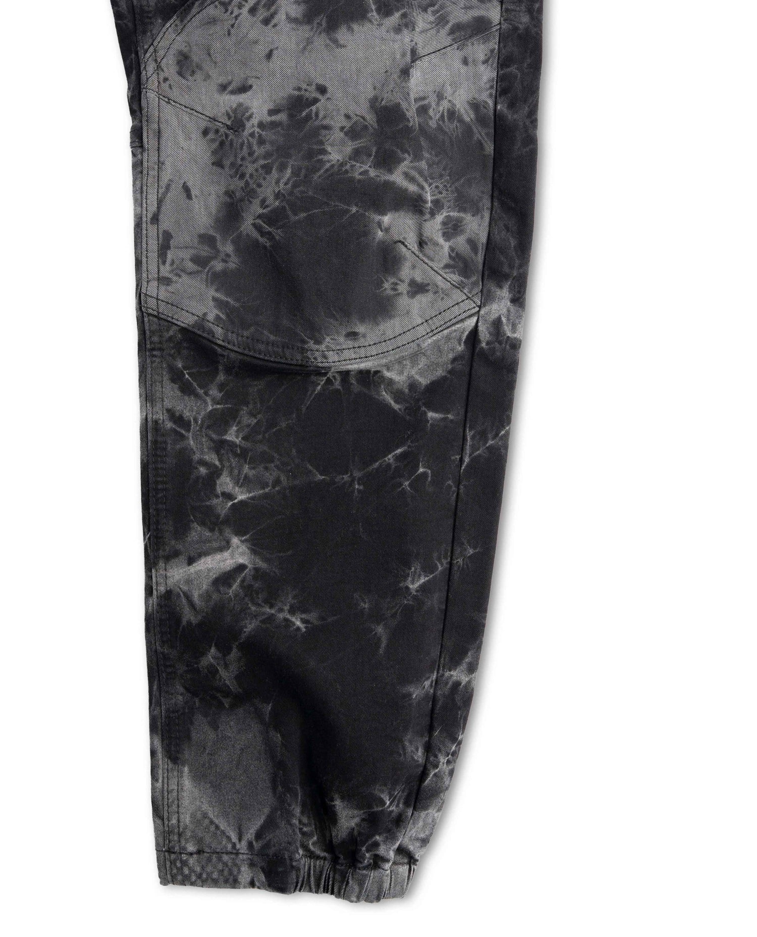 Black and gray tie-dye pants on a white background