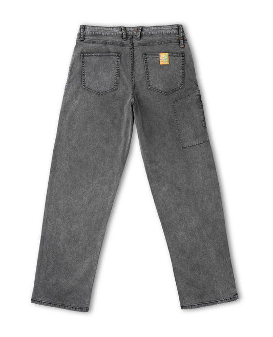 Gray jeans with a brand logo on a white background