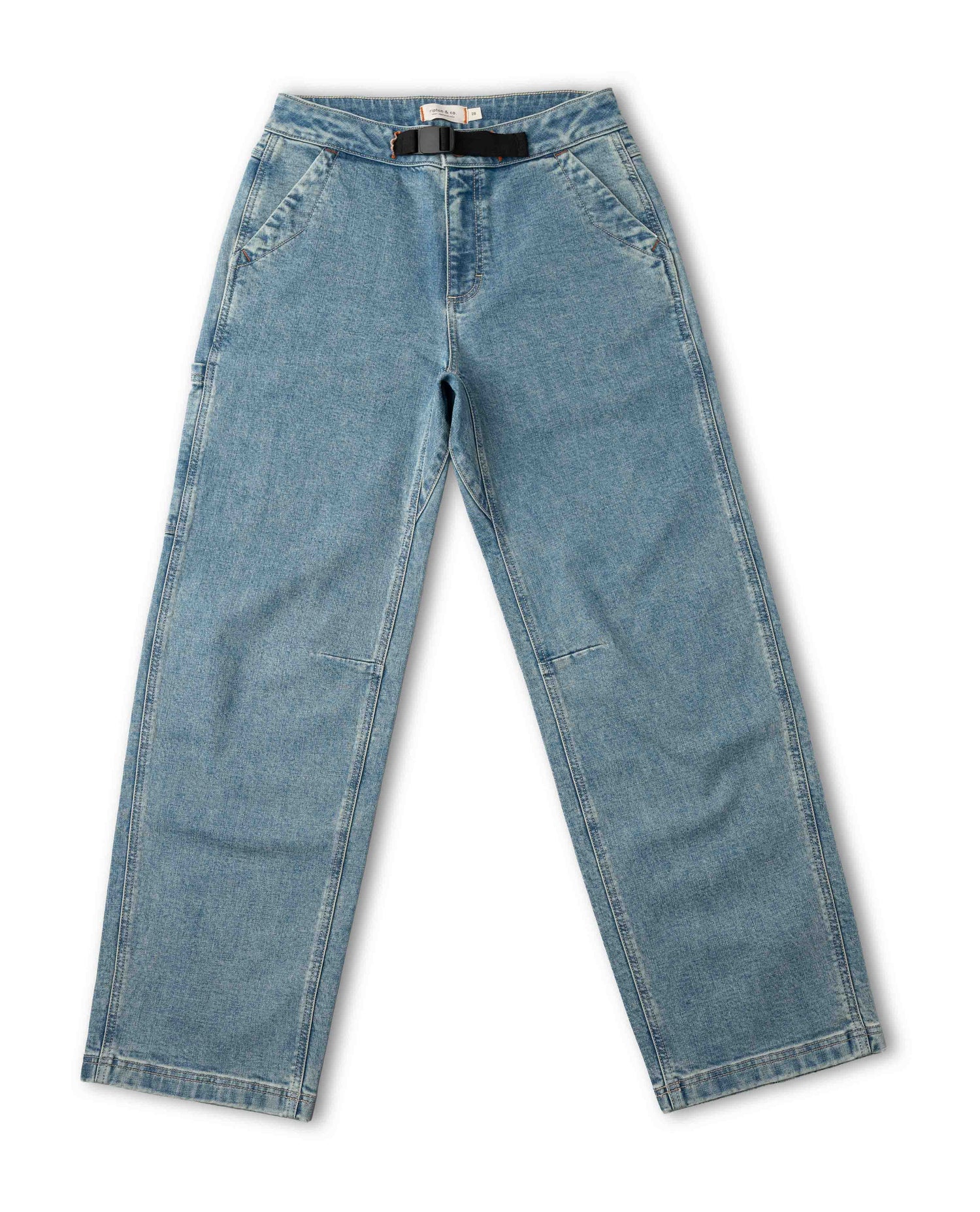 Light blue jeans with a black belt on a white background