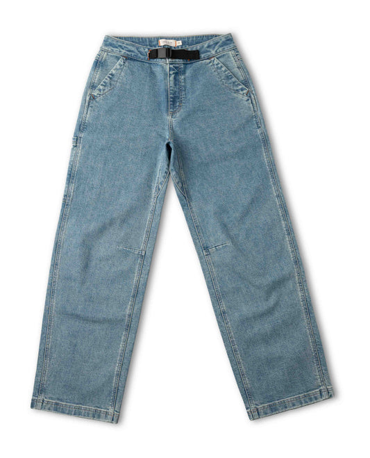 Light blue jeans with a black belt on a white background